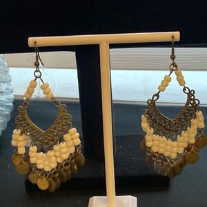 Vintage Boho Indian Inspired Brass Tone and White Beaded Statement Earrings